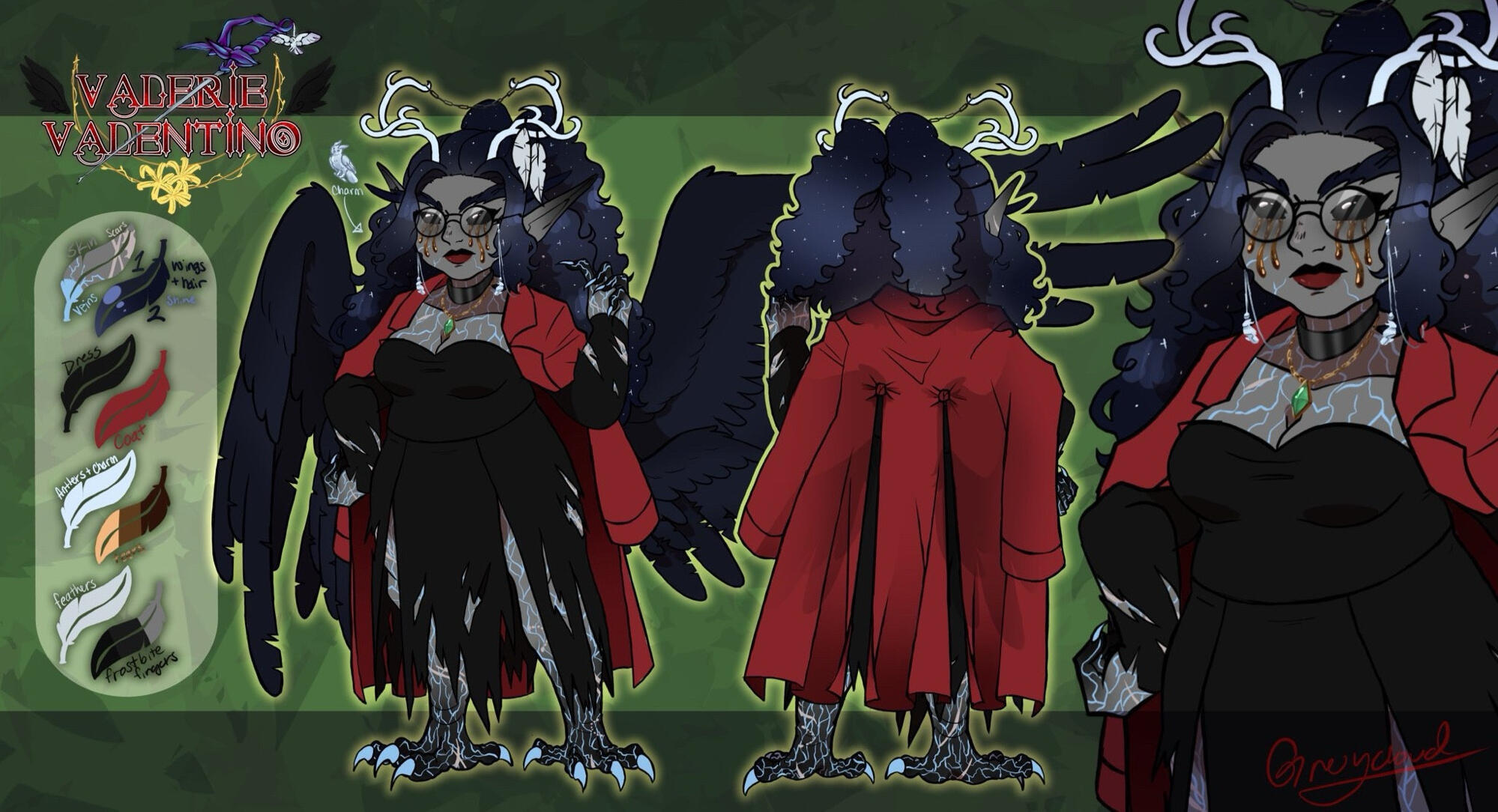 The image showcases a character design sheet for Valerie Valentino, a dark fae. She has dark, curly hair adorned with antlers and feathers. Valerie wears a black dress with a red coat. Her arms are detailed with blue spider veins, and she has taloned finge
