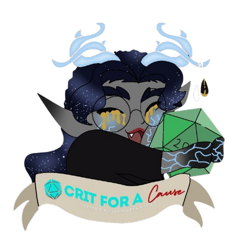 Stylized black and white line drawing of a figure with antlers, long elf like ears, and sharp claws, holding a circular object (the moon), while what appears to be crying gold.