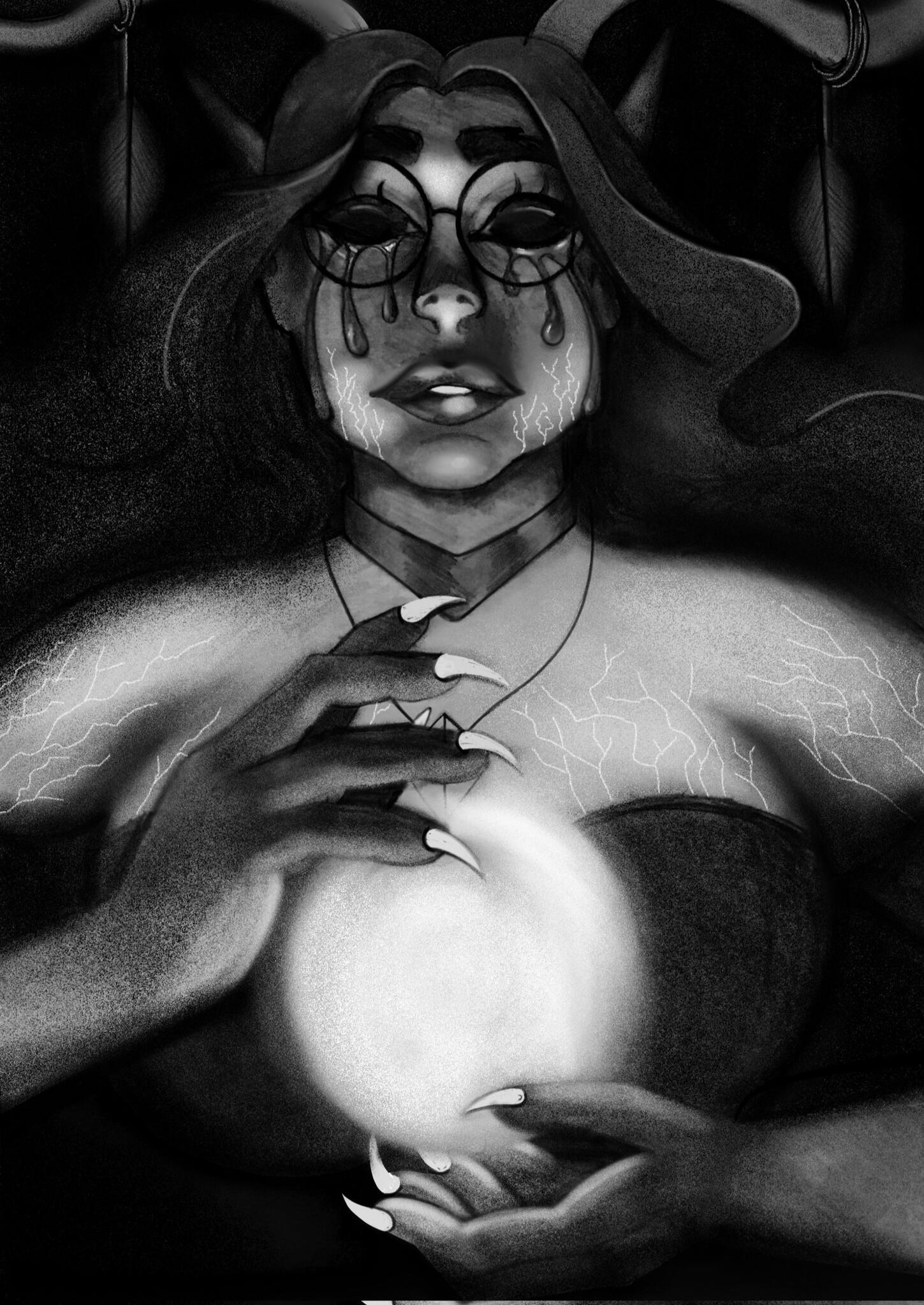 The image shows the character Valerie in a black and white potrait holding a ball of light, staring at the screen.