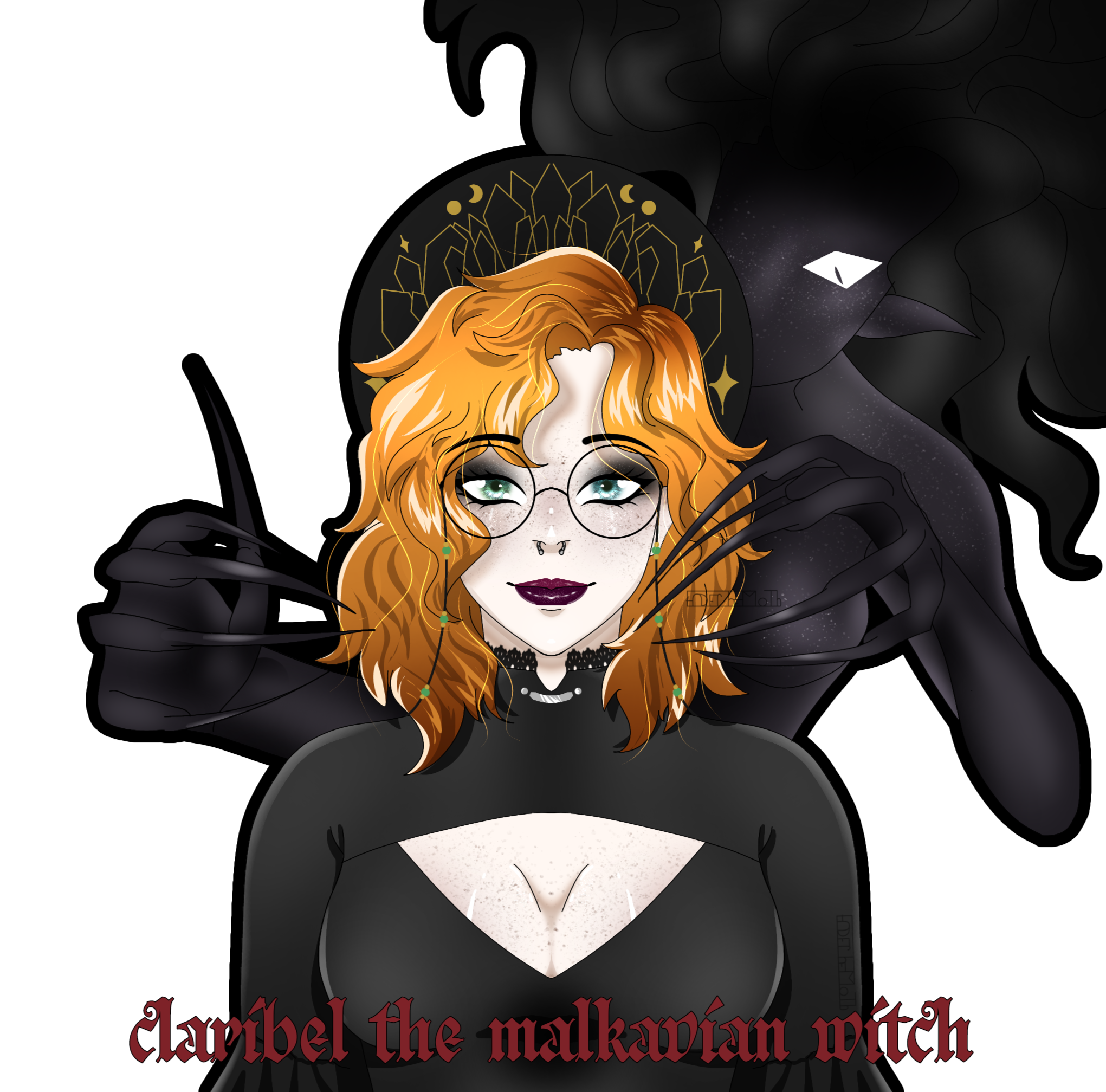 The image showcases a character design sheet for Valerie Valentino, a dark fae. She has dark, curly hair adorned with antlers and feathers. Valerie wears a black dress with a red coat. Her arms are detailed with blue spider veins, and she has taloned finge